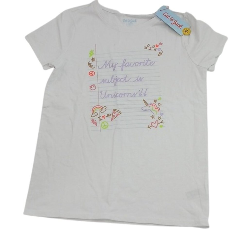 Cat & Jack Girls Size L White Graphic T Shirt Unicorn School Notebook Print